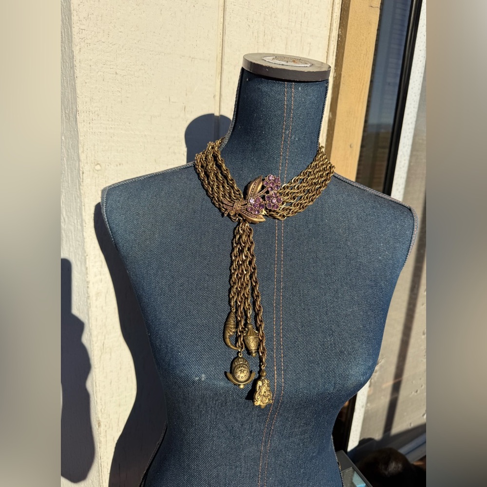 vintage multi-strand gold-tone chain  necklace with purple rhinestones